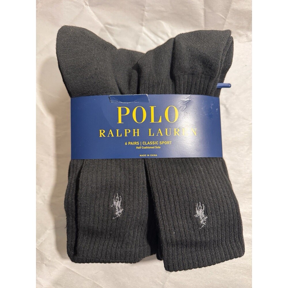 POLO Ralph Lauren CLASSIC SPORT CREW SOCKS (6) SOCK SIZE 10-13 Black GRAY NIP